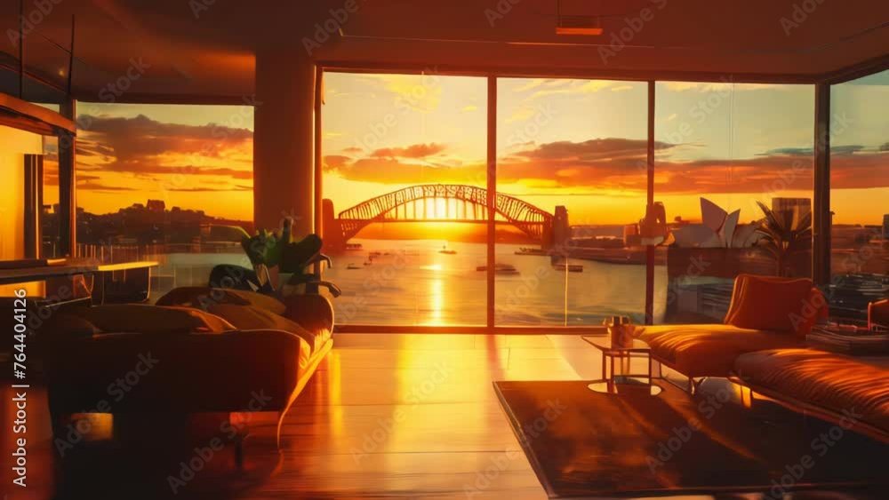 Luxury living room with panoramic view of Sydney Harbour Bridge.