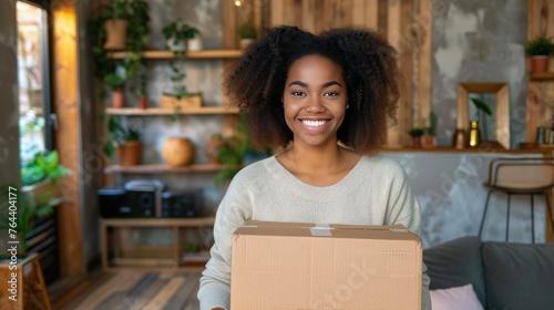 Smiling woman holding cardboard box standing in living room at new home © ISK PRODUCTION