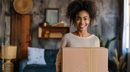 Smiling woman holding cardboard box standing in living room at new home