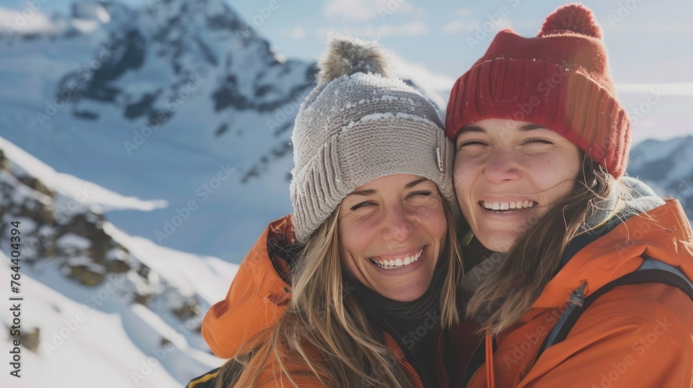 Smiling woman hugging friend on snowcapped mountain Smiling woman hugging friend on snowcapped mountain
