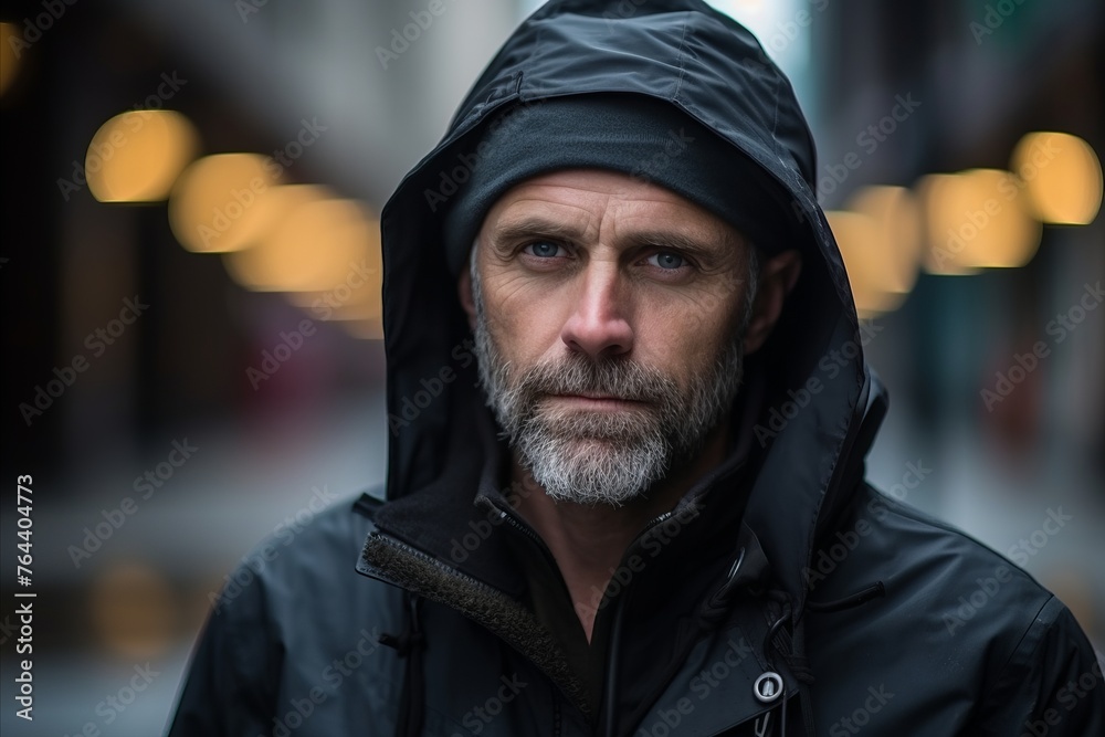 Portrait of a senior man in a hood in the city at night Portrait of a senior man in a hood in the city at night