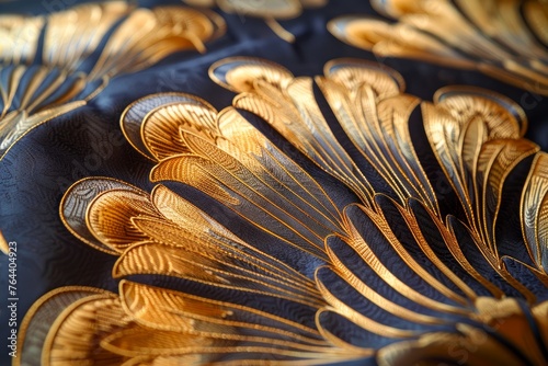 Luxurious Golden Embroidery on Blue Silk Fabric Close up Elegant Textile Design Detail