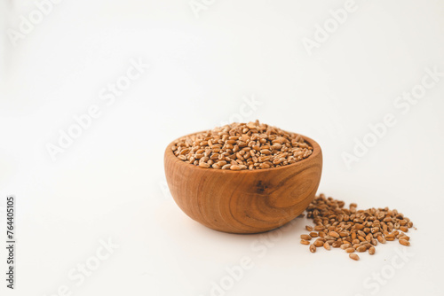 Wheat grains scattered on a white background
