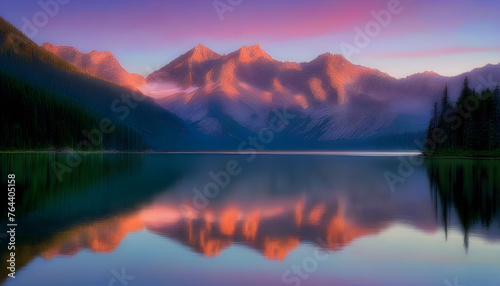 A high mountain lake reflecting the colors of dawn's first light, surrounded by towering mountains. 