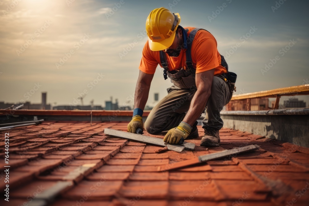 professional construction worker on building roof professional construction worker on building roof