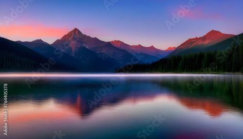  mountain lake at dawn, surrounded by mountains and reflecting the soft colors of the sunrise sky. © Iqra