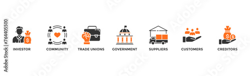 Stakeholder relationship banner web icon vector illustration concept for stakeholder, investor, government, and creditors with icon of community, trade unions, suppliers, and customers	