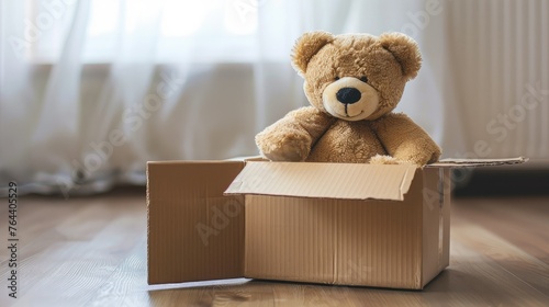 Teddy bear on cardboard box in an empty room in a new home
