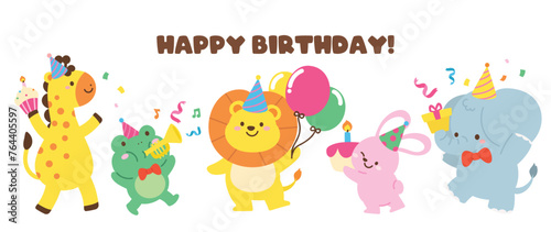 Happy birthday concept animal vector set. Collection of adorable wildlife, giraffe, frog, lion, rabbit, elephant. Birthday party funny animal character illustration for greeting card, kids, education.