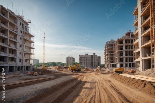 Construction site with unfinished residential buildings with construction machine tools under blue sky