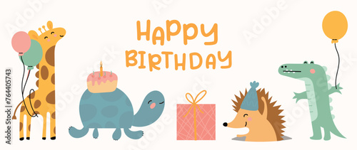 Happy birthday concept animal vector set. Collection of adorable wildlife, giraffe, turtle, porcupine, crocodile. Birthday party funny animal character illustration for greeting card, kids, education.