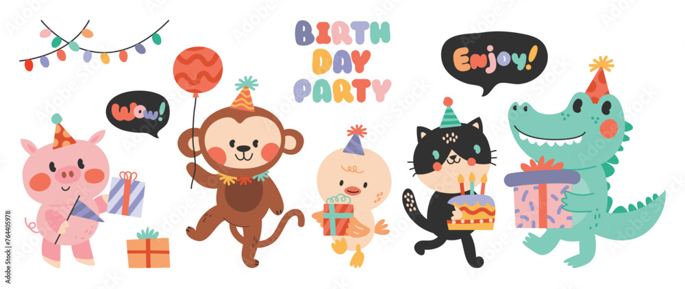 Happy birthday concept animal vector set. Collection of adorable wildlife, lion, frog, monkey, pig, crocodile. Birthday party funny animal character illustration for greeting card, kids, education. Happy birthday concept animal vector set. Collection of adorable wildlife, lion, frog, monkey, pig, crocodile. Birthday party funny animal character illustration for greeting card, kids, education.
