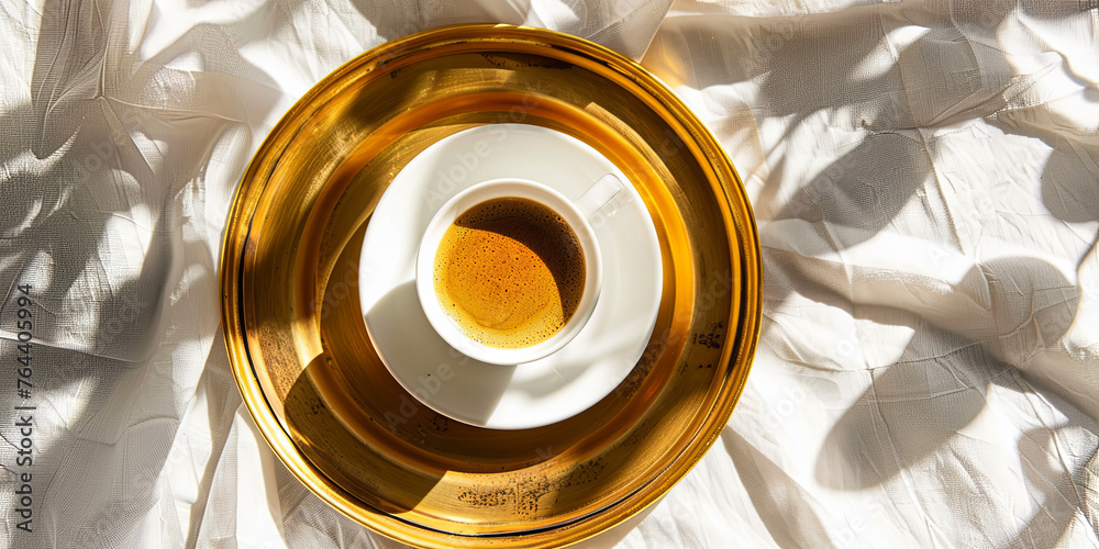 an espresso from a top view, on a golden tray, on a white tablecloth, generative AI an espresso from a top view, on a golden tray, on a white tablecloth, generative AI