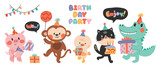 Happy birthday concept animal vector set. Collection of adorable wildlife, lion, frog, monkey, pig, crocodile. Birthday party funny animal character illustration for greeting card, kids, education.