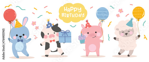 Happy birthday concept animal vector set. Collection of adorable wildlife, rabbit, pig, sheep. Birthday party funny animal character illustration for greeting card, kids, education.