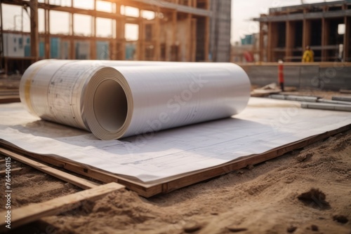 Construction paper blueprint on building construction site background