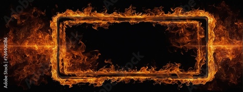 Rectangular frame made of burning flames fire in the shape of a rectangle, isolated on black background