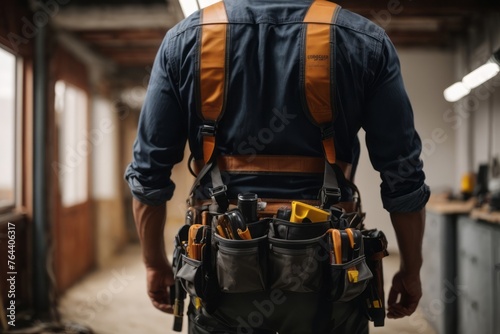 back view of building engineer with tool belt of equipment in construction building