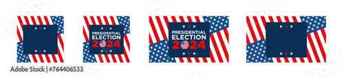 American election voting vector social media banner poster. Political election campaign. Rock the vote, go vote, your vote your voice. American flag flyer. Presidential election 2024.