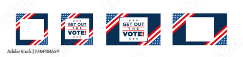 American election voting vector social media banner poster. Political election campaign. Rock the vote, go vote, your vote your voice. American flag flyer. Presidential election 2024.