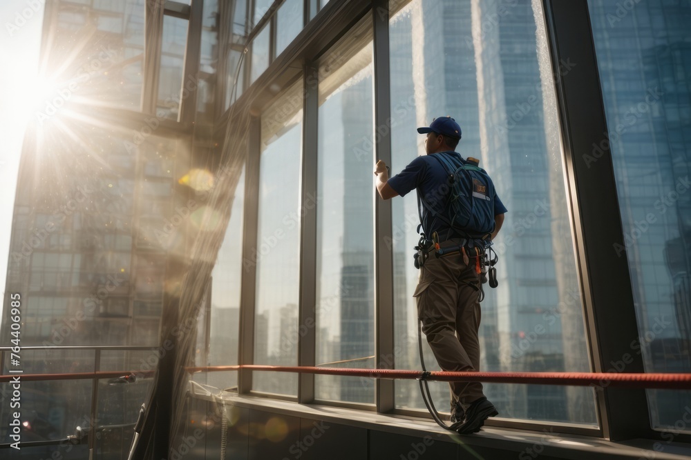 male worker cleans glass window in high skyscraper