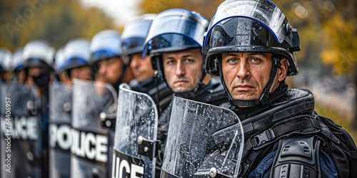 Row of police with riot shields, copyspace, wide banner photo