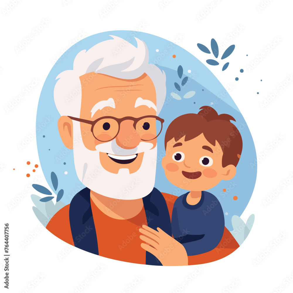 Happy old grandfather with little grandson characte