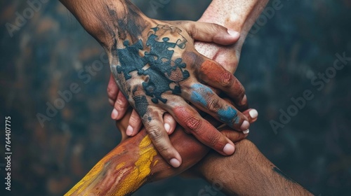 A closeup of intertwined hands of diverse skin tones, each hand marked with a piece of a puzzle tattoo that forms a complete picture when united, illustrating the strength and victory in teamwork photo