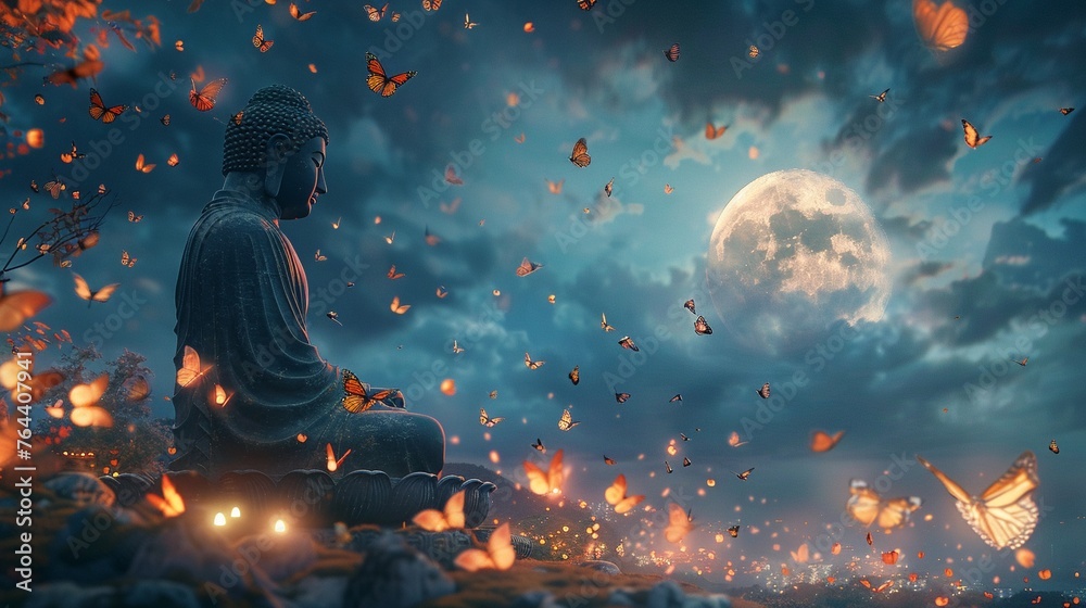The Great Buddha illuminated by the full moon with millions of luminous butterflies emerging from the statue and the surrounding scenery - obrazy, fototapety, plakaty 