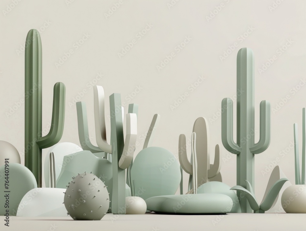 A 3D render of cactuses and succulents in cool green tones, featuring geometric shapes and a minimalist aesthetic for modern decor on grey background,  - obrazy, fototapety, plakaty 