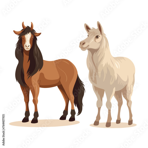 Horse and goat flat vector illustration isolated wh