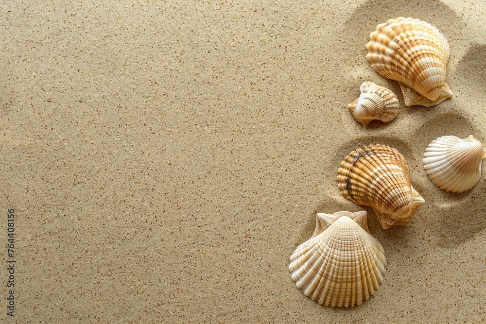 Sea shells on sandy beach. Summer background. Top view. generative ai. Sea shells on sandy beach. Summer background. Top view. generative ai.