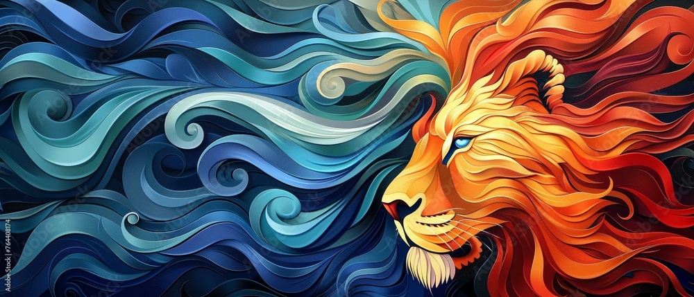 Majestic lion mane, abstract swirls, royal palette Majestic lion mane, abstract swirls, royal palette