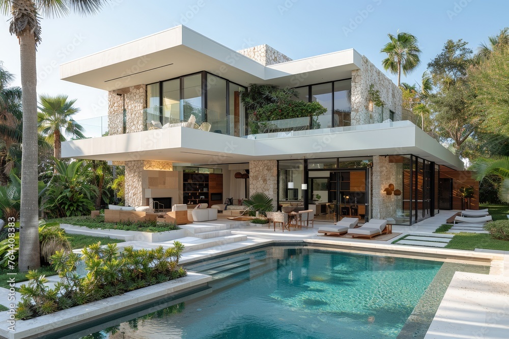 Modern luxury villa exteriopr with white walls and stone accents with garden and pool