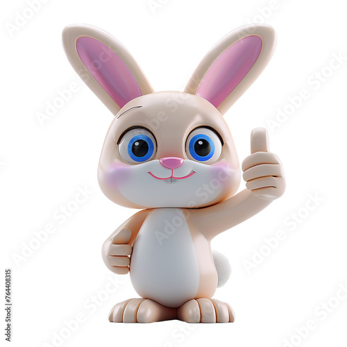 Cartoon little brown Easter rabbit character giving thumb up isolated on transparent background. Funny furry hare. 3d realistic illustration. Element for design greeting card, banner, poster