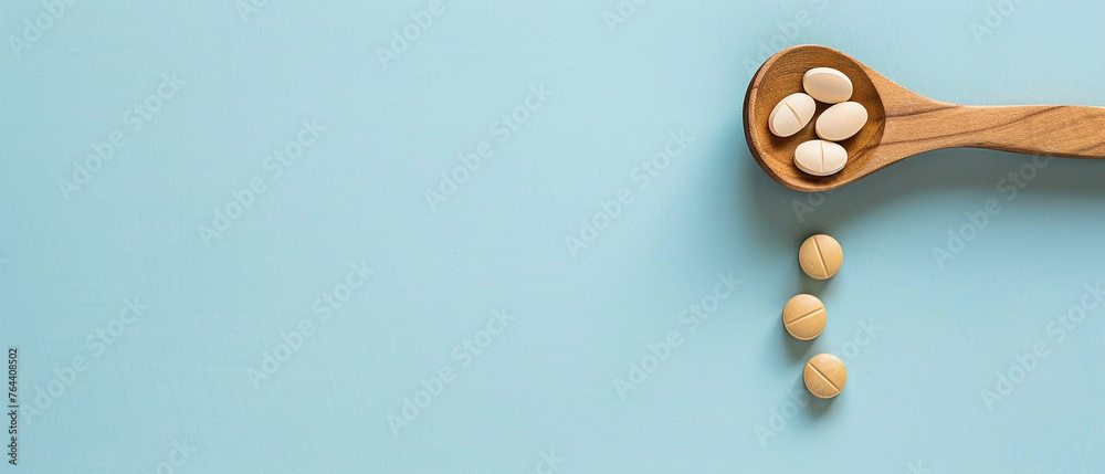 Wooden spoon with pills with empty space so that the text, upper corner looks down. Wooden spoon with pills with empty space so that the text, upper corner looks down.