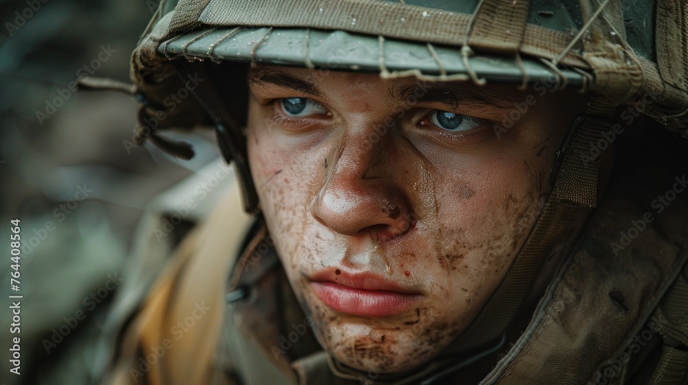 Focused soldier with camouflage face paint lying in wait during tactical military exercise. Strength and endurance in challenging environments.