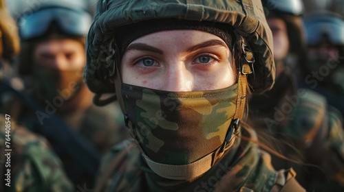 Focused female soldier with camouflaged face wearing helmet and military uniform among troops in field exercise. Strength and discipline in armed forces. photo