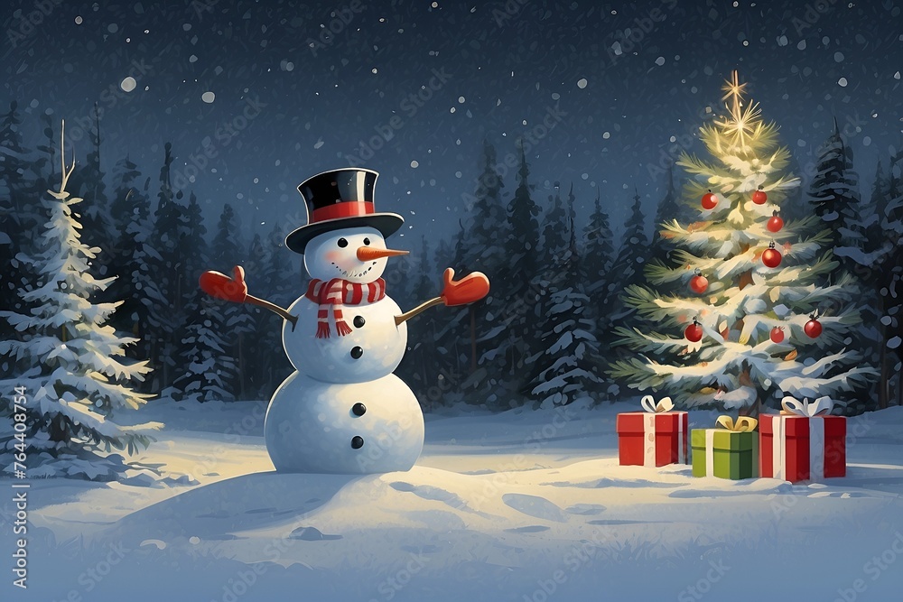 Christmas trees and snowmen in a snowy town