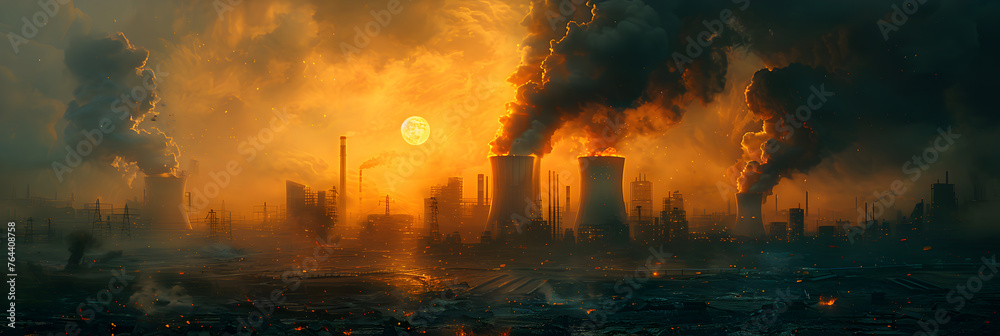 Artistic concept illustration of a destroyed nuclear landscape,
smoke in the city