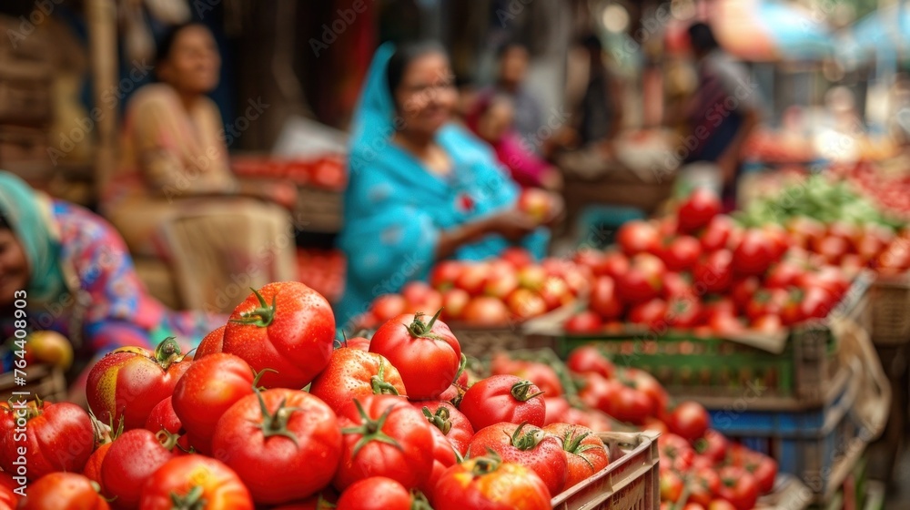 Smiling woman in traditional attire shopping for fresh tomatoes at vibrant farmers market. Cultural diversity and healthy eating habits.