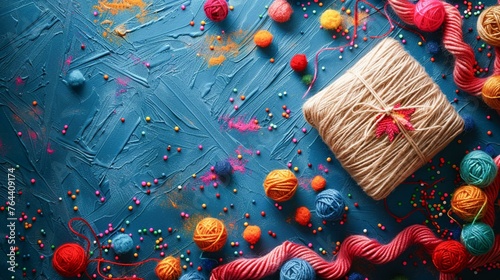 Festive card on a vibrant, colorful yarn background, crafty birthday wishes