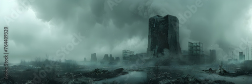 Artistic concept illustration of a destroyed nuclear landscape,
 ruined city with dramatic clouds scary halloween background concept photo
