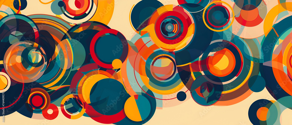 An abstract background adorned with a multitude of colorful geometric shapes, including circles and spirals, creating a lively and captivating visual composition.