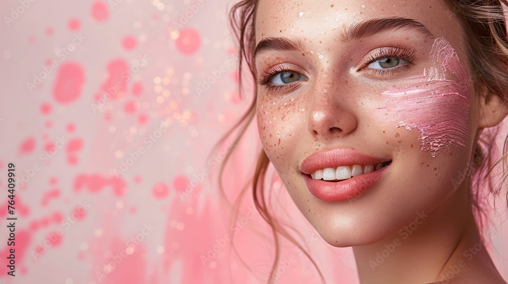 Delicate smile, skin care marvel, against a bright canvas Delicate smile, skin care marvel, against a bright canvas