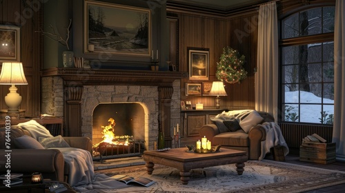 A cozy living room with a fireplace and comfortable seating