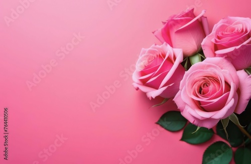 four vibrant pink roses against a monochromatic pink background. concepts  Valentines day  celebrations and anniversaries  femininity  nature and springtime  pink backdrops.