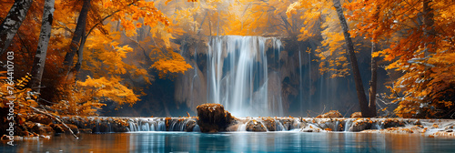 Amazing View Beautiful Waterfall in Colorful Autumn   A picture of a waterfall with the word waterfall on it