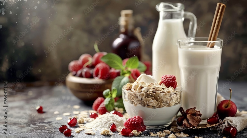 Eating a nutritious diet that includes fresh milk and muesli is beneficial for one's health. - obrazy, fototapety, plakaty 