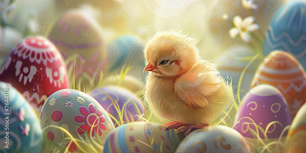a cute little chick sitting on an Easter egg, generative AI